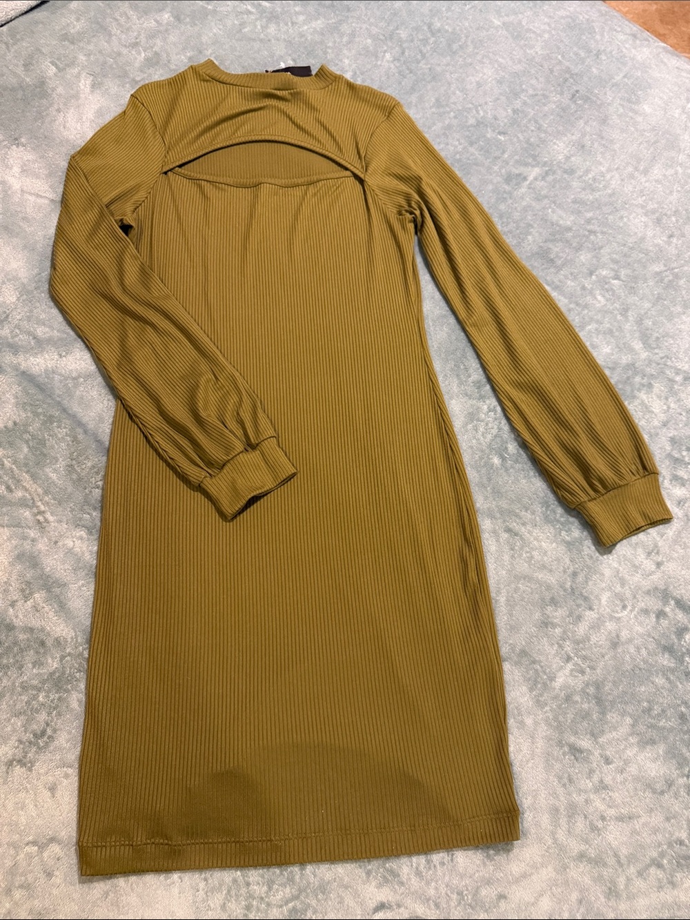 Ribbed Long-Sleeve Olive Green Bodycon Dress, size L